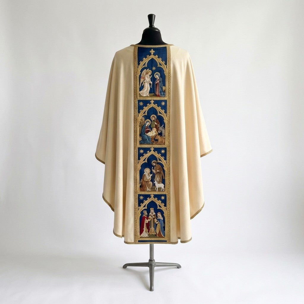 Back of the ivory Holy Family chasuble with a blue orphrey of four gothic-arched scenes: the Annunciation, the Nativity, a shepherd with a lamb and the three kings
