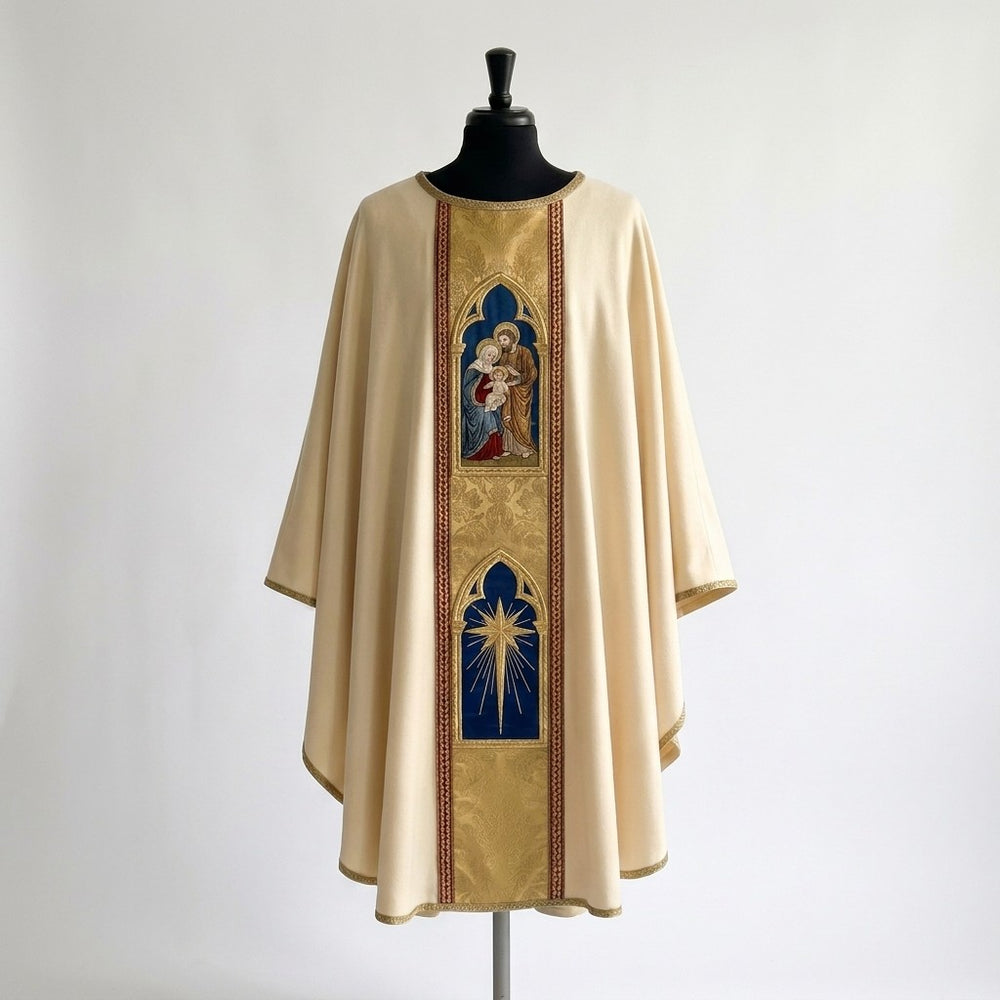 Front of an ivory chasuble with a gold damask-pattern column orphrey holding two arched panels: the Holy Family and the Star of Bethlehem