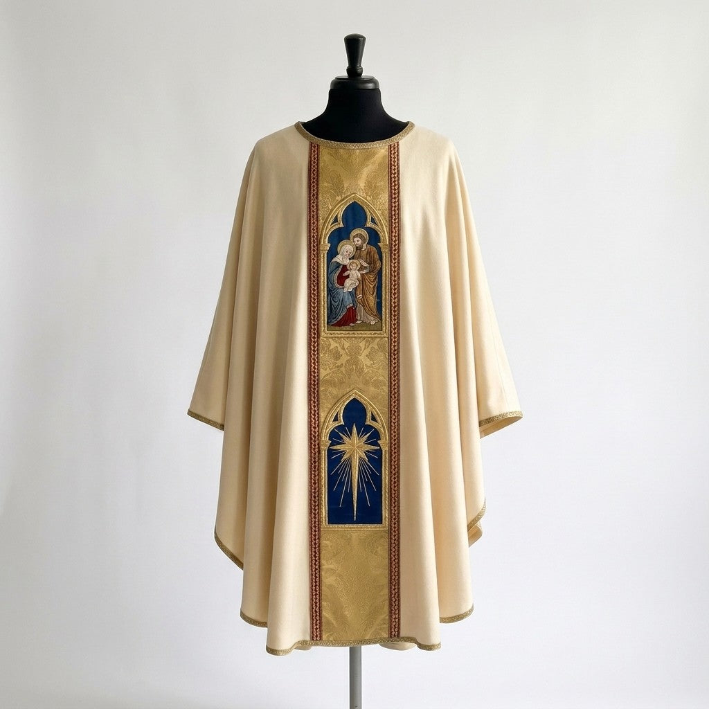 Front of an ivory chasuble with a gold damask column orphrey holding two arched panels: the Holy Family and the Star of Bethlehem