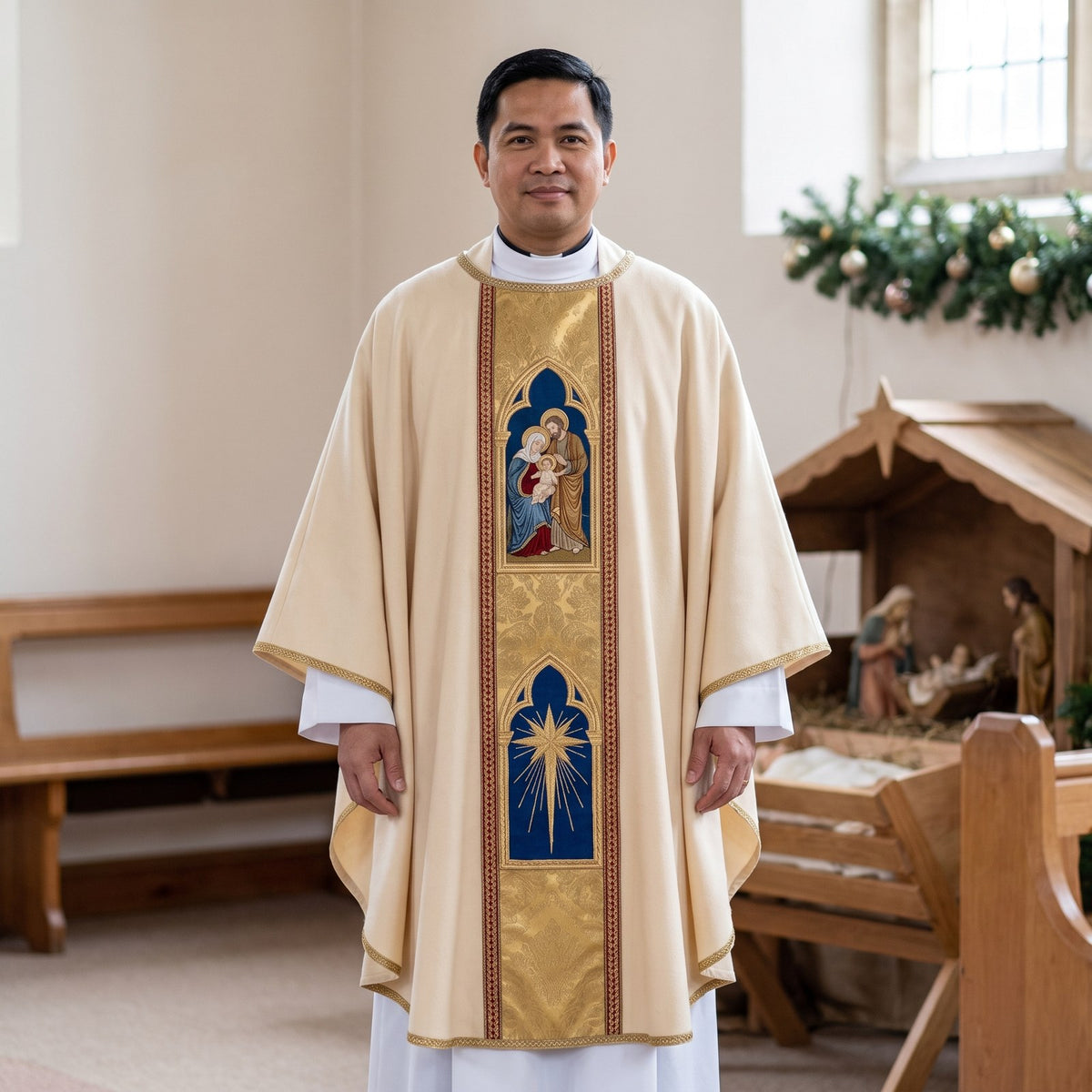 A priest wearing the ivory Holy Family chasuble with gold orphrey panels beside a wooden Nativity crib