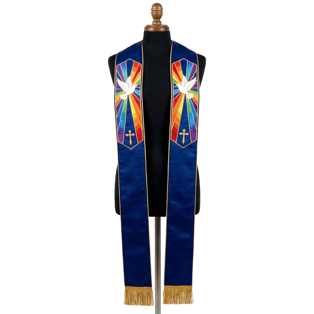 Navy satin-look Holy Spirit Stole with a dove descending over rainbow rays and a small gold cross on each panel.