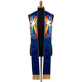 Navy satin-look Holy Spirit Stole with a dove descending over rainbow rays and a small gold cross on each panel.