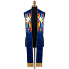 Navy satin-look Holy Spirit Stole with a dove descending over rainbow rays and a small gold cross on each panel.