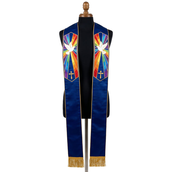Navy satin-look Holy Spirit Stole with a dove descending over rainbow rays and a small gold cross on each panel.