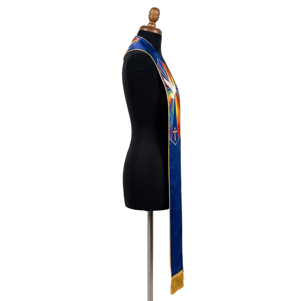 Close-up of the dove, rainbow-ray and gold cross embroidery on the Holy Spirit Stole's navy satin-look panel.