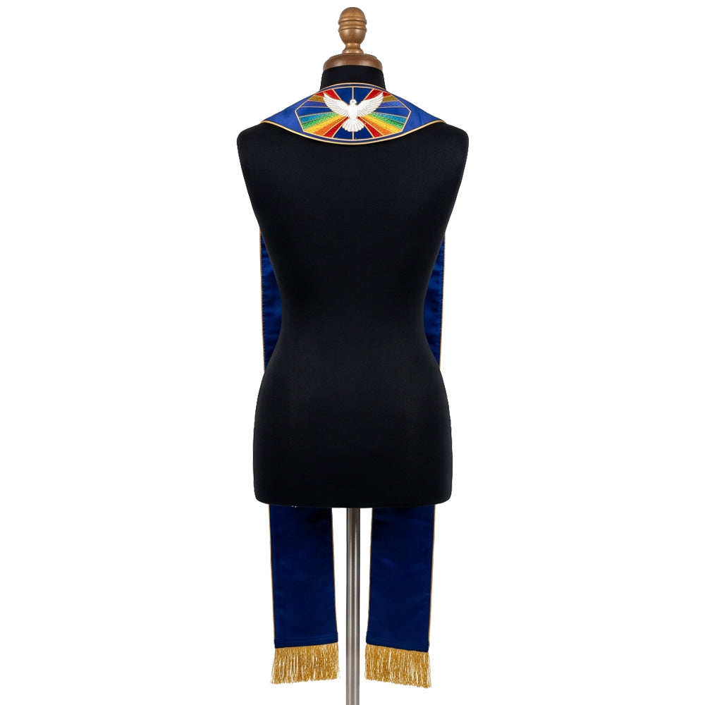Back view of the Holy Spirit Stole on a mannequin, showing the dove medallion at the yoke and gold fringe below.