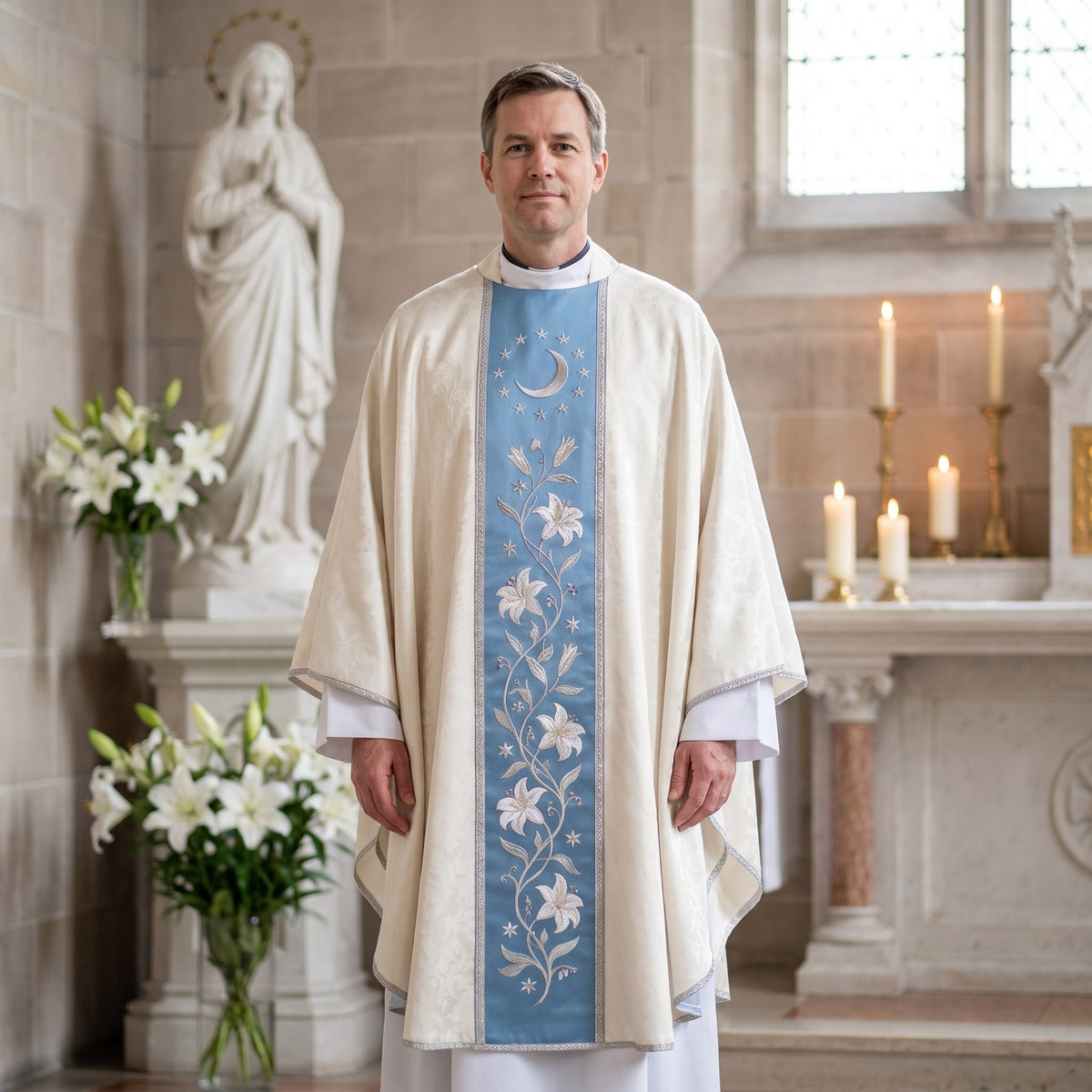 A priest wearing the ivory and Marian blue chasuble with lily vine before a statue of Our Lady and white lilies