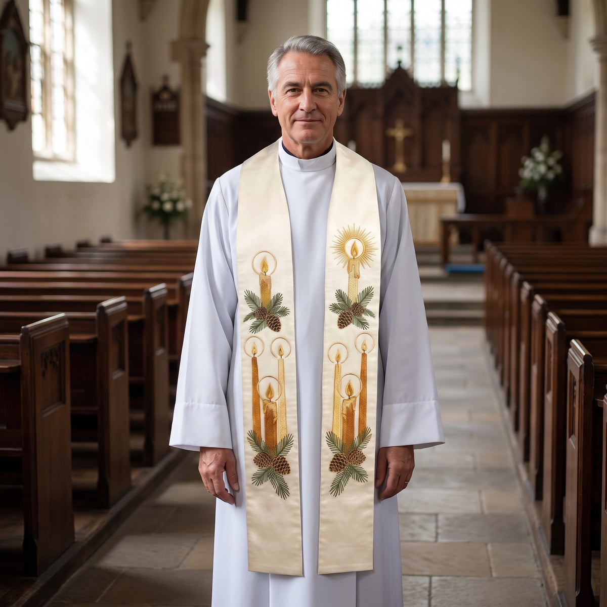 Priest wearing an ivory satin-faced Advent stole embroidered with lit candles and pine sprays down both panels