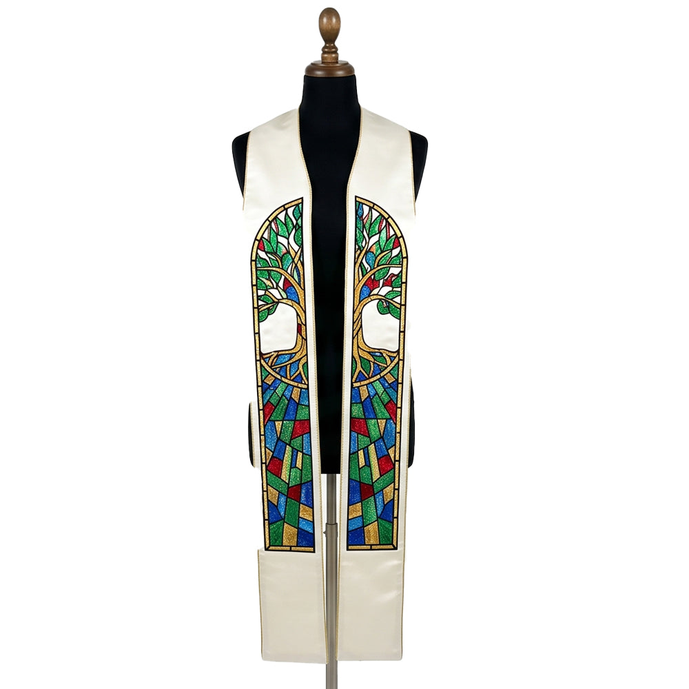 Ivory clergy stole on a bust form, each panel showing an arched stained-glass tree over a glittering mosaic pattern.
