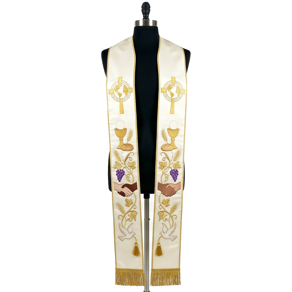 Front view of the Ivory Corpus Christi Stole with chalice, host, wheat, grapes and clasped hands