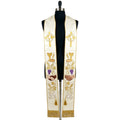 Front view of the Ivory Corpus Christi Stole with chalice, host, wheat, grapes and clasped hands