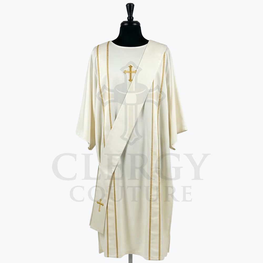 Ivory satin dalmatic with slender gold pinstripe bands and a gold cross at the breast, front view with the matching deacon's stole