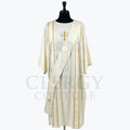 Ivory satin dalmatic with slender gold pinstripe bands and a gold cross at the breast, front view with the matching deacon's stole