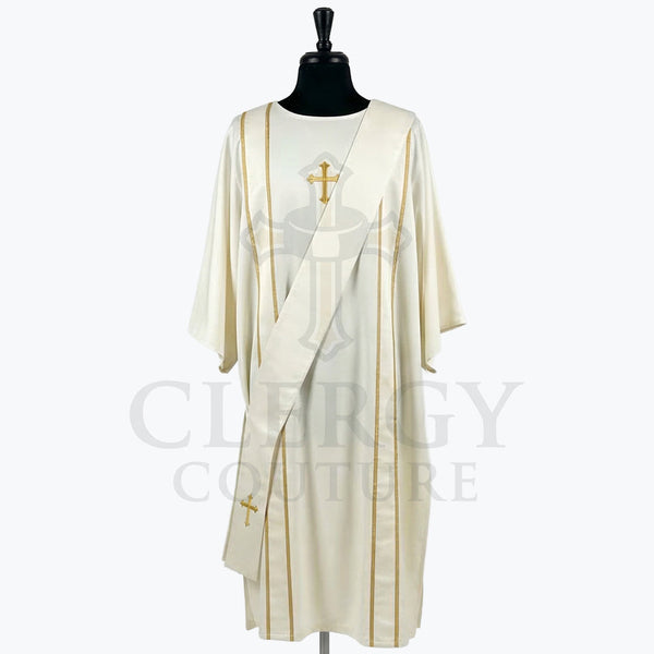Ivory satin dalmatic with slender gold pinstripe bands and a gold cross at the breast, front view with the matching deacon's stole