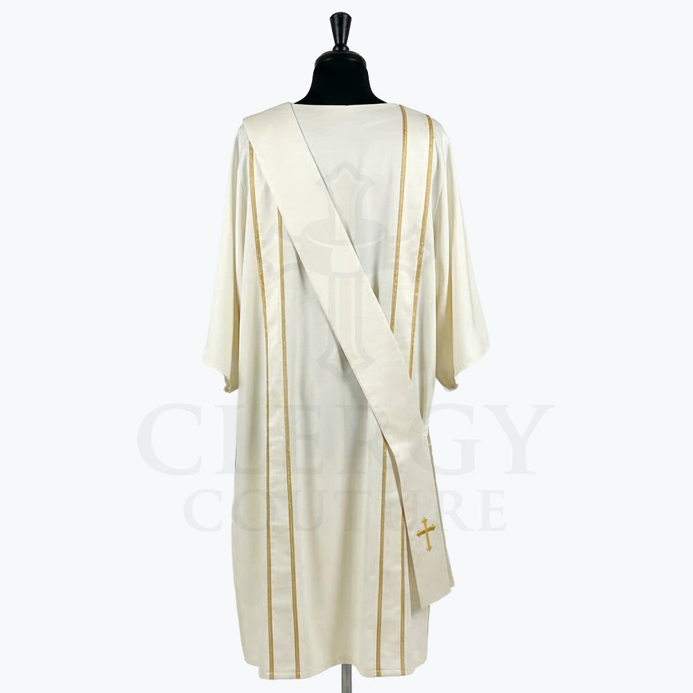 Back view of the ivory dalmatic showing the paired gold pinstripes and the stole crossing the back