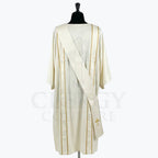 Back view of the ivory dalmatic showing the paired gold pinstripes and the stole crossing the back