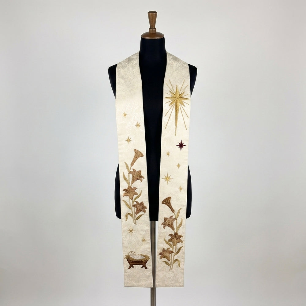 Front view of the Ivory Damask Nativity Stole, showing the gold Star of Bethlehem, scattered stars and lily embroidery.