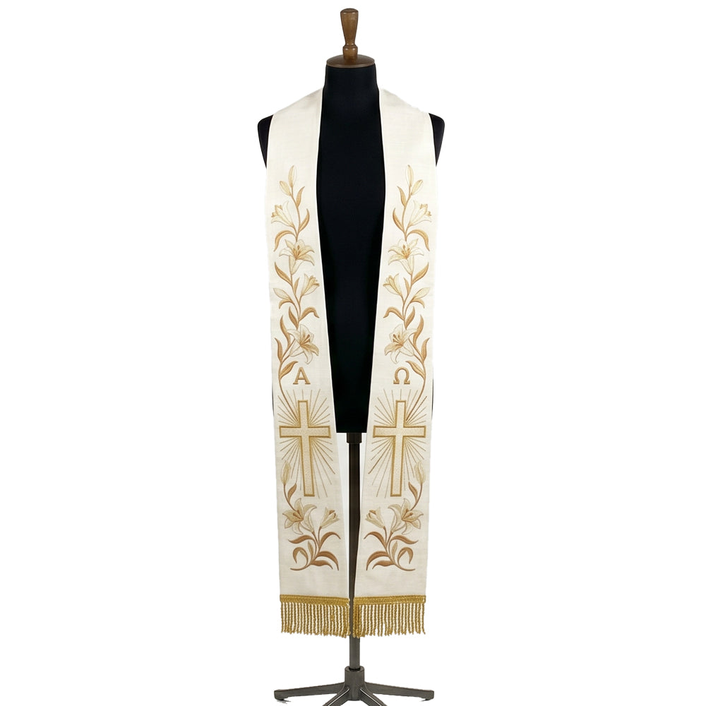 Ivory and gold clergy stole on a bust form, each panel showing a lily vine, Alpha and Omega letters and a radiating cross.