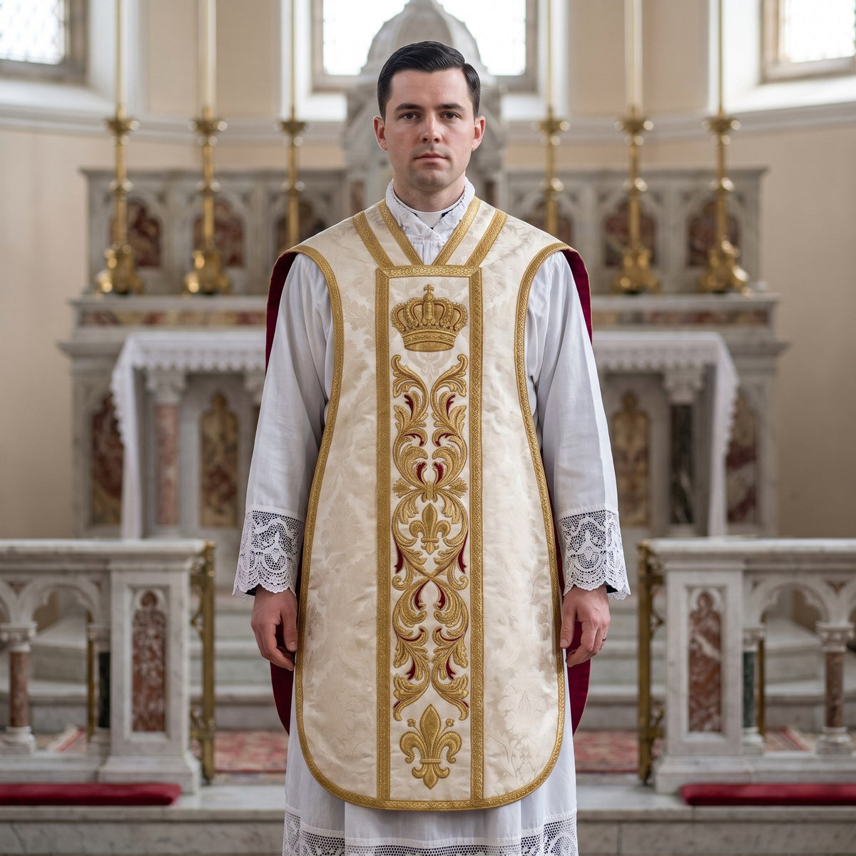 A priest in a lace-trimmed alb wearing the ivory fiddleback chasuble with gold crown orphrey before a marble high altar