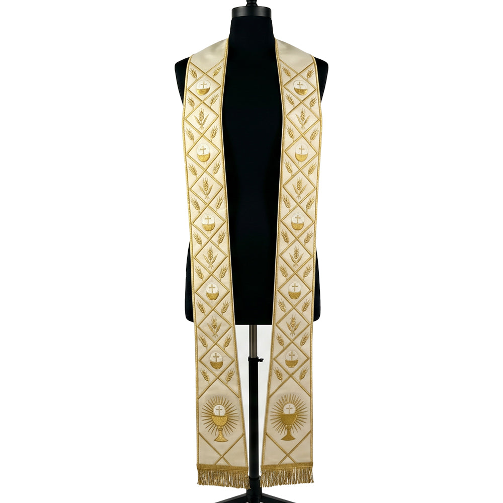 Front view of the Ivory and Gold Chalice Wheat Stole on a bust form, showing the gold diamond-lattice pattern end to end.