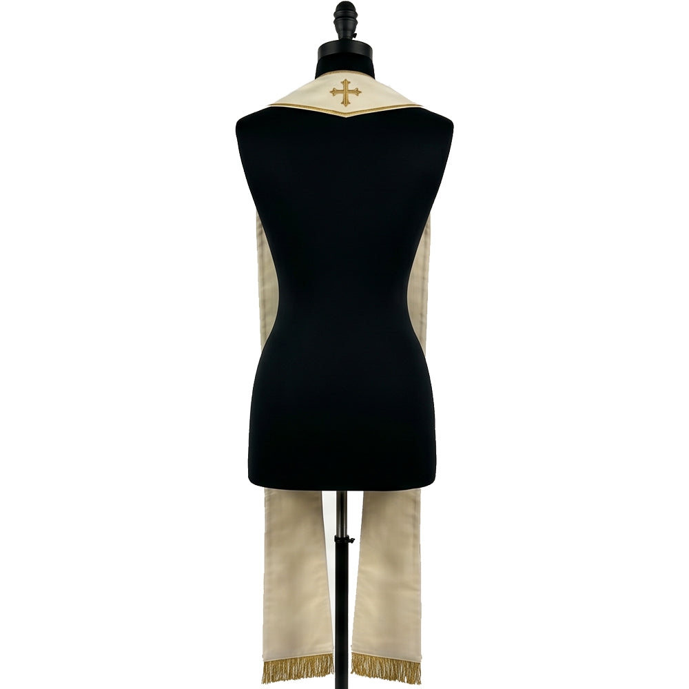 Back view of the Ivory and Gold Chalice Wheat Stole, showing the plain ivory reverse and small gold neckline cross.