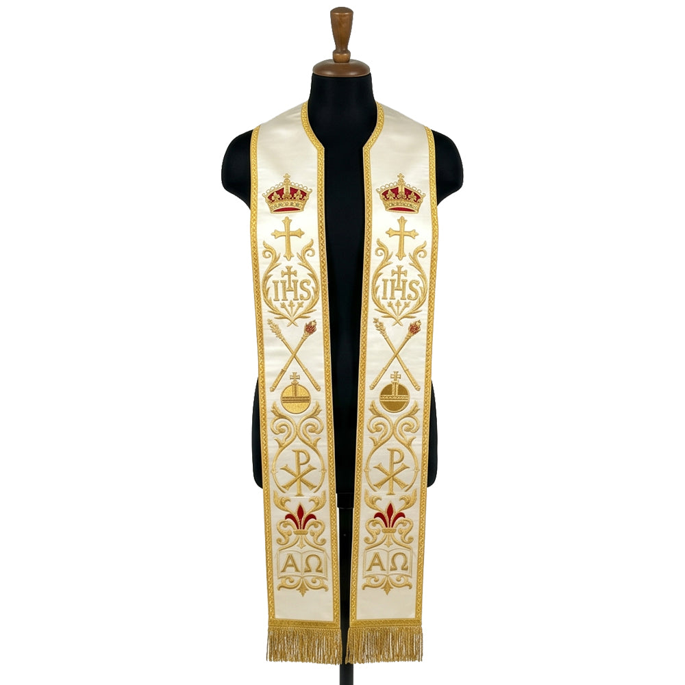 Ivory and gold priest stole on a bust form, both panels stacked with a crown, cross, IHS, torches and Chi-Rho.
