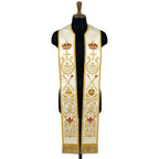 Ivory and gold priest stole on a bust form, both panels stacked with a crown, cross, IHS, torches and Chi-Rho.