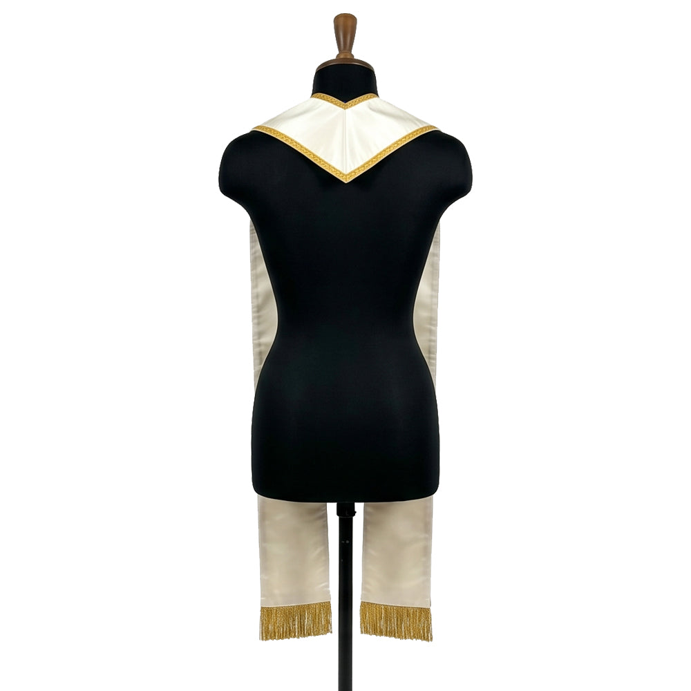 Back neck of the ivory and gold priest stole, showing the plain flap with its gold chevron trim border.