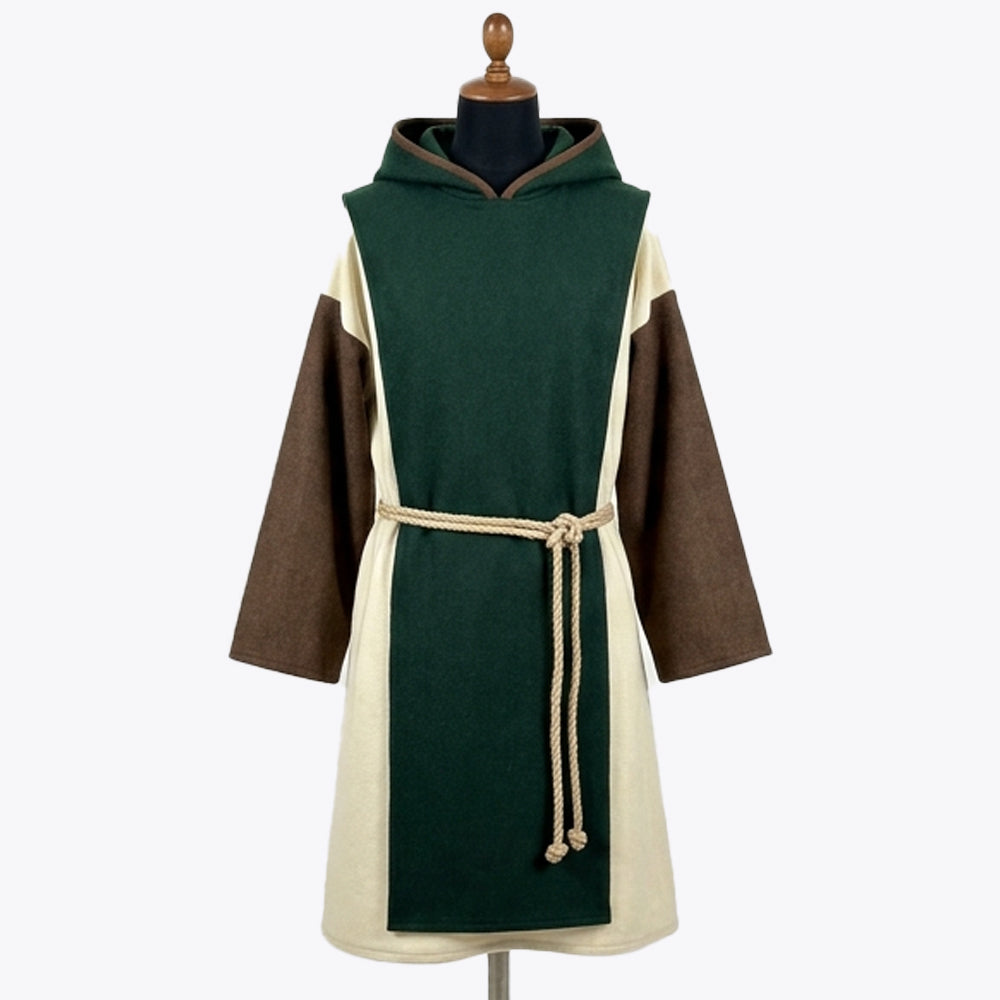 Front full-length view of an ivory monk habit with a forest green hood and scapular and brown sleeves