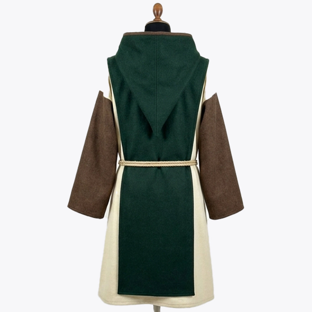 Back view of the ivory habit showing the forest green scapular panel tapering into the pointed hood