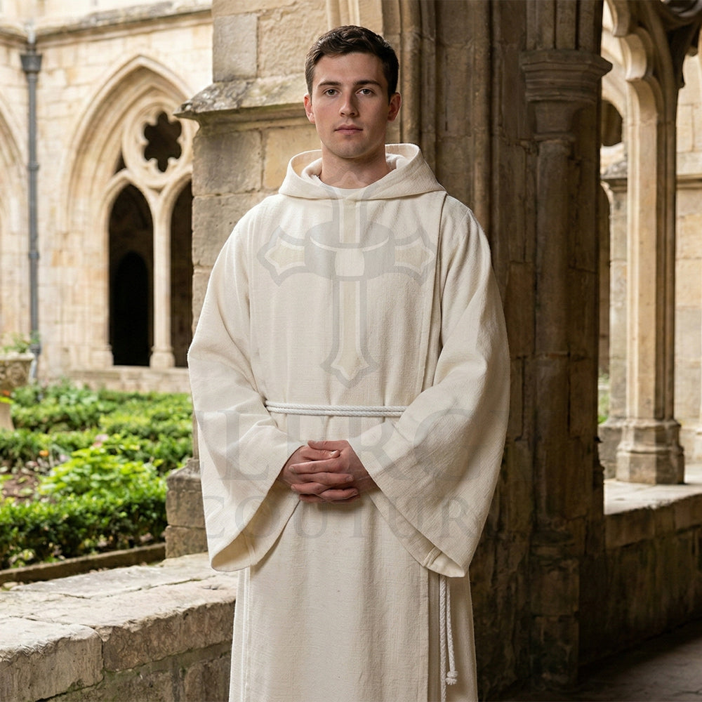 A man wearing an ivory hooded monk habit with wide bell sleeves and a white rope cincture in a cloister.