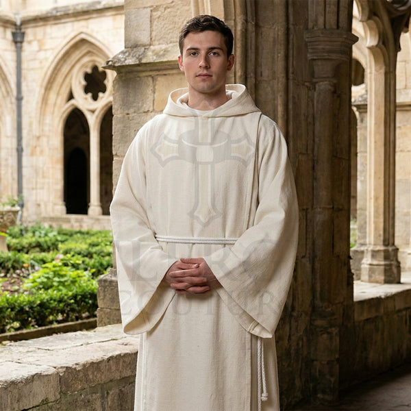 A man wearing an ivory hooded monk habit with wide bell sleeves and a white rope cincture in a cloister.