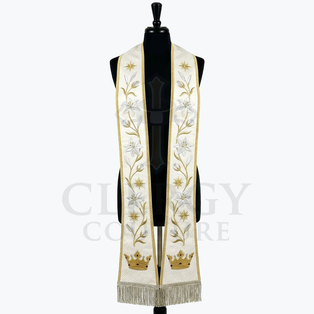 Ivory Lily and Star Clergy Stole shown front on, both panels with the gold crown and champagne fringe visible