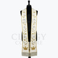 Ivory Lily and Star Clergy Stole shown front on, both panels with the gold crown and champagne fringe visible