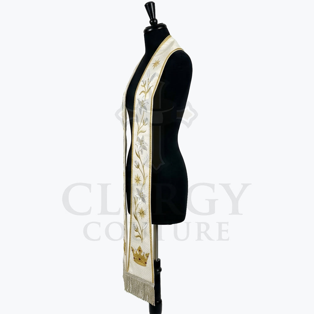 Three-quarter view of the Ivory Lily and Star Clergy Stole showing fabric drape and the gold crown near the hem