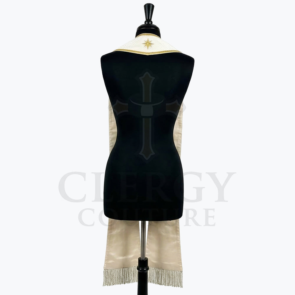 Back view of the Ivory Lily and Star Clergy Stole, showing the V-neck gold star and the warmer-toned reverse panels