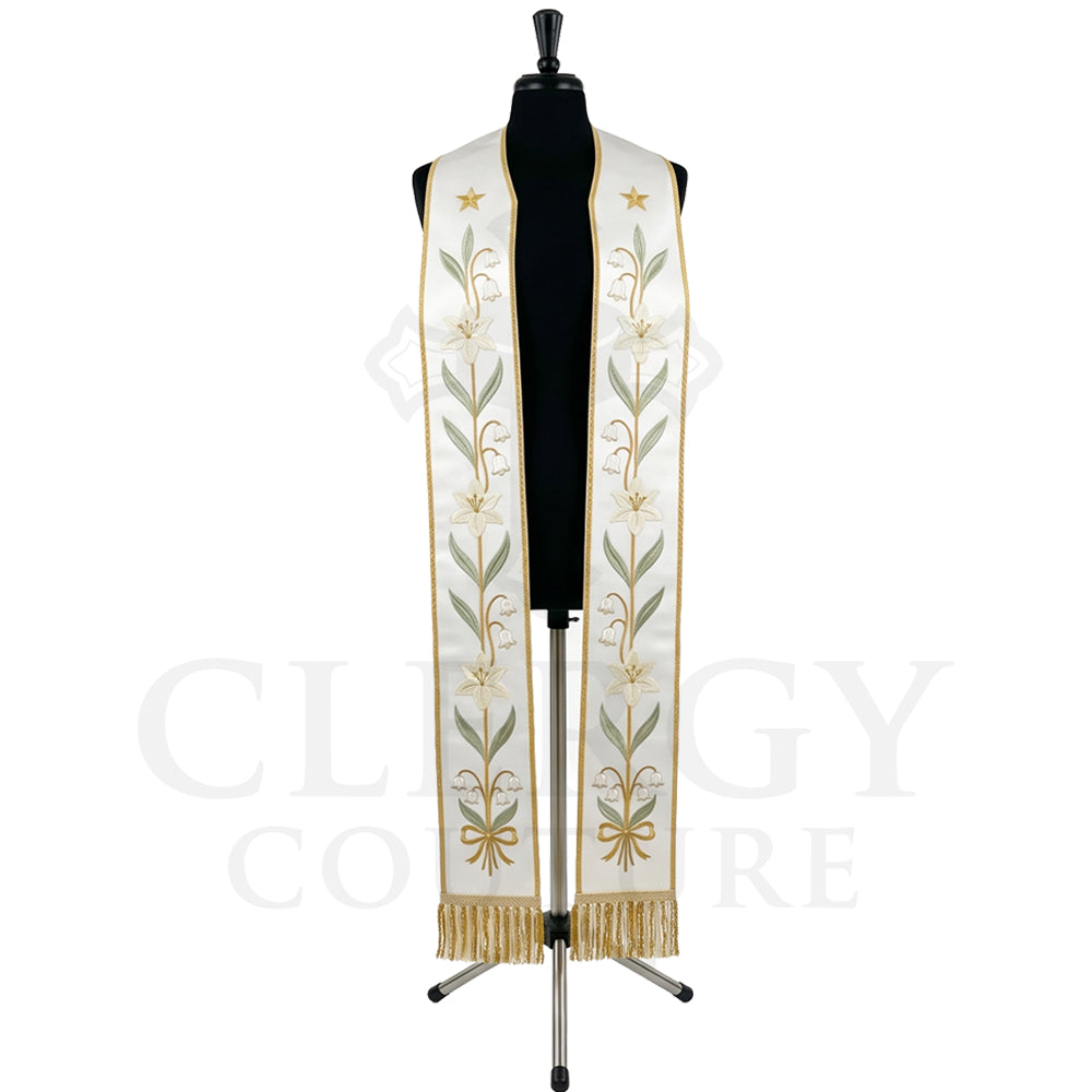 Ivory satin-look Lily Stole with a vine of Easter lilies, lily-of-the-valley, a gold star and a ribbon bow.