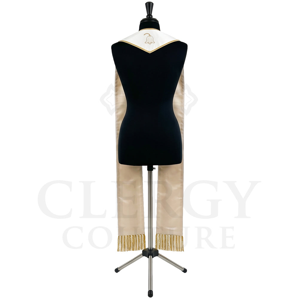 Back view of the Lily Stole on a mannequin, showing the black velvet-look neckband and gold satin-look reverse.