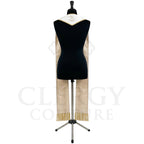 Back view of the Lily Stole on a mannequin, showing the black velvet-look neckband and gold satin-look reverse.