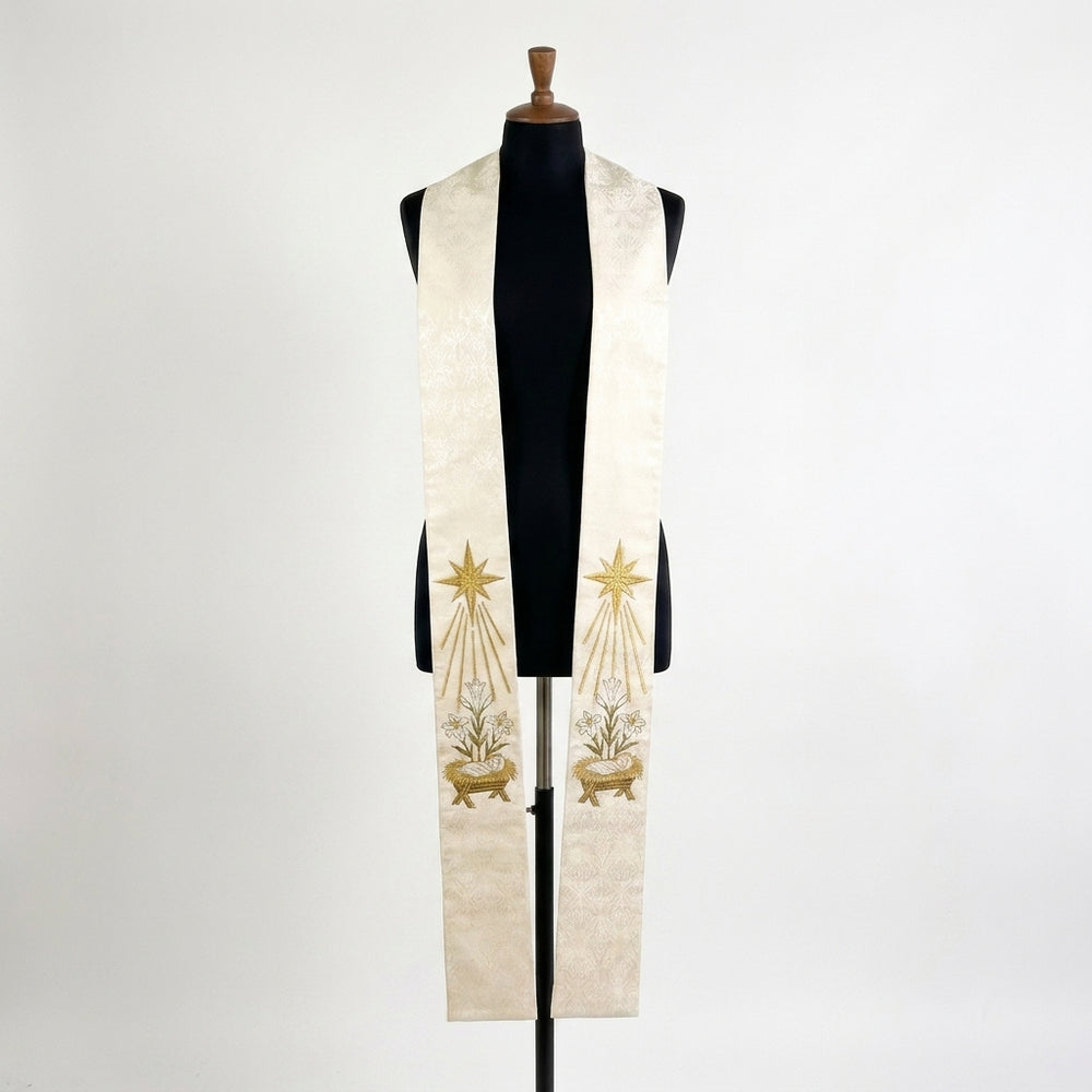 Ivory Nativity Clergy Stole shown front on with both panels' star, lily and manger embroidery visible