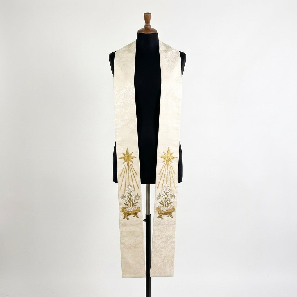 Ivory Nativity Clergy Stole shown front on with both panels' star, lily and manger embroidery visible