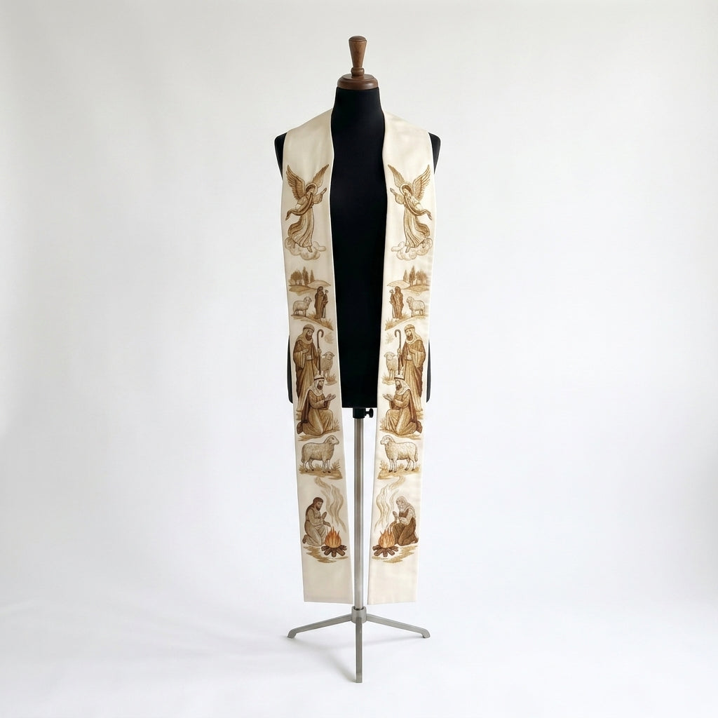 Ivory clergy stole on a bust form, each panel showing a sepia nativity scene from an angel to a shepherd at a campfire.