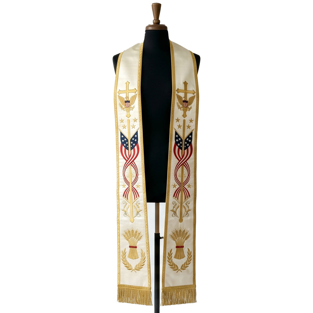 Ivory Patriotic Clergy Stole shown front on with the eagle-topped cross, flags and wheat sheaf on both panels