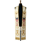 Ivory Patriotic Clergy Stole shown front on with the eagle-topped cross, flags and wheat sheaf on both panels