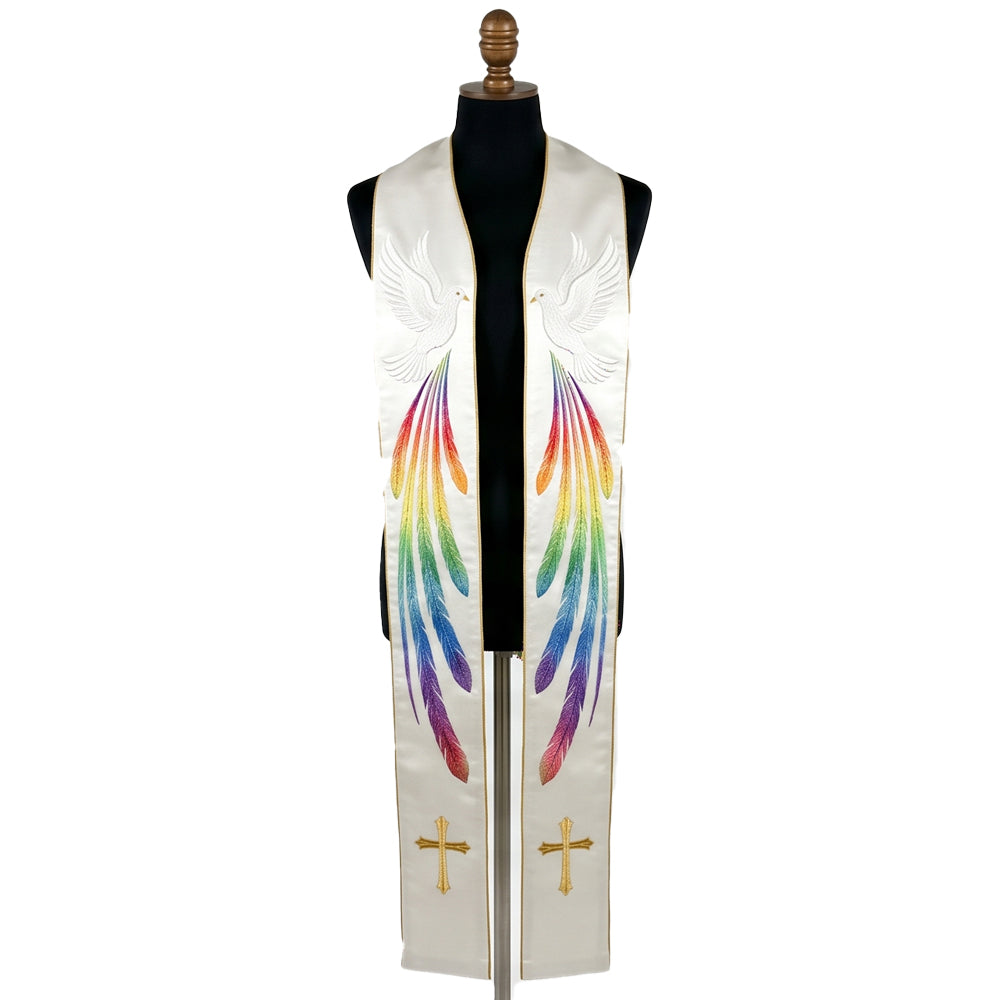 Ivory satin stole laid flat with a white dove and long rainbow-gradient feather wings streaming down each panel.