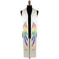 Ivory satin stole laid flat with a white dove and long rainbow-gradient feather wings streaming down each panel.
