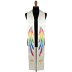 Ivory satin stole laid flat with a white dove and long rainbow-gradient feather wings streaming down each panel.