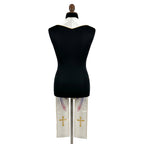 Back view of the ivory rainbow-wing dove stole on a dress form, showing the tail feathers and a gold cross near the hem.