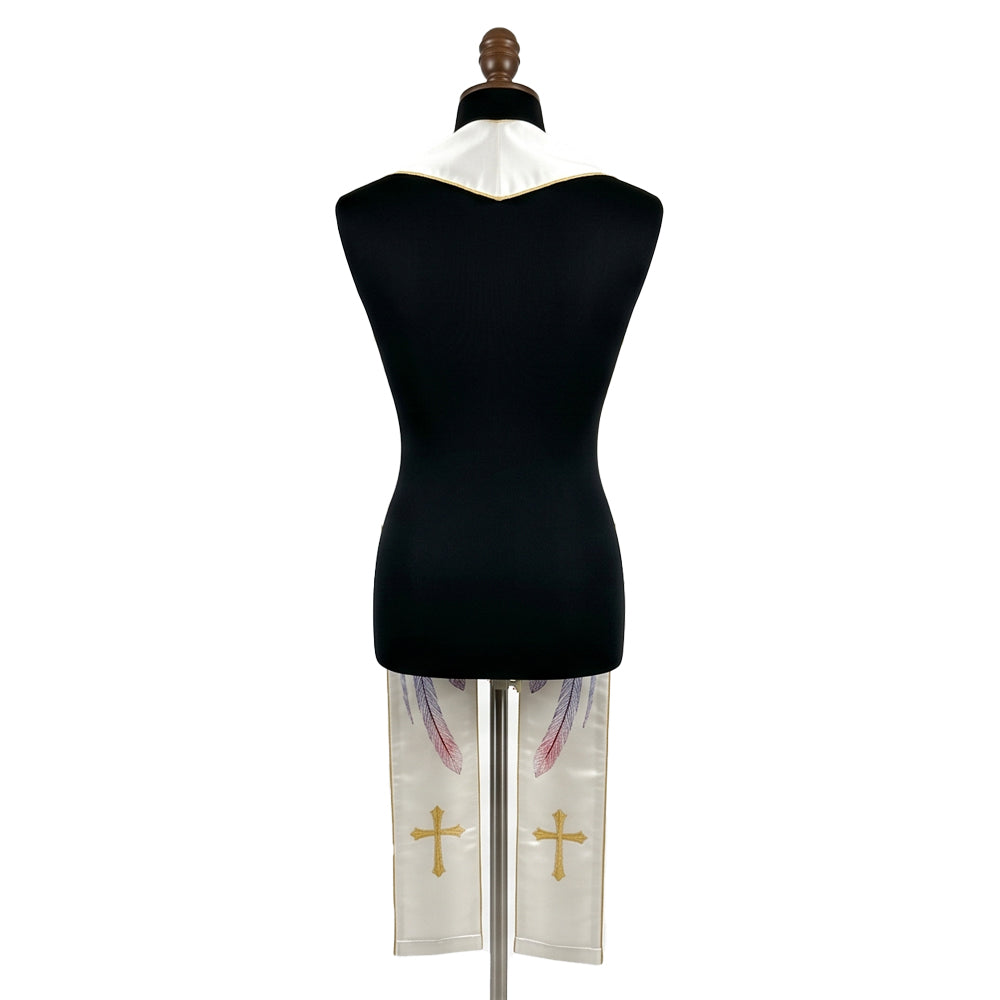 Back view of the ivory rainbow-wing dove stole on a dress form, showing the tail feathers and a gold cross near the hem.