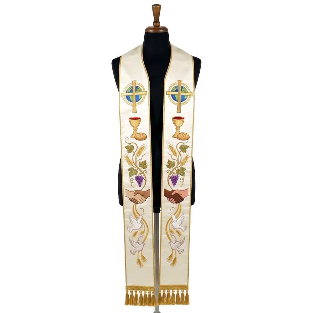 Front view of the Ivory World Communion Stole, showing the globe, chalice, grapevine, clasped hands and dove sequence.